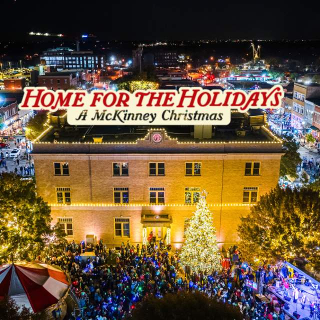 Home for the Holidays in Downtown Mckinney - courthouse with tree, lots of people, at tree lighting ceremony