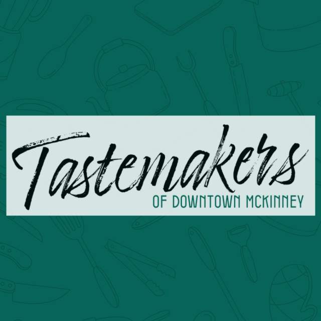 green background with cooking background sketches - Tastemakers logoin the center