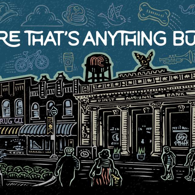 McKinney downtown square illustrated header with the tagline "The Square That's Anything But Square," featuring historic storefronts including First National Bank and Smith Drug Co.
Hand-drawn woodcut-style illustration of McKinney's historic downtown square at dusk. Storefronts including Smith Drug Co. and First National Bank line the street, with pedestrians, planters, and street lamps in the foreground. A teal sky above is filled with line-art icons representing local culture: guitars, cowboy boots, a bicycle, coffee, pancakes, a dog bone, an elephant, a market truck, and music notes. The MC water tower and a butterfly weather vane sit atop the buildings.