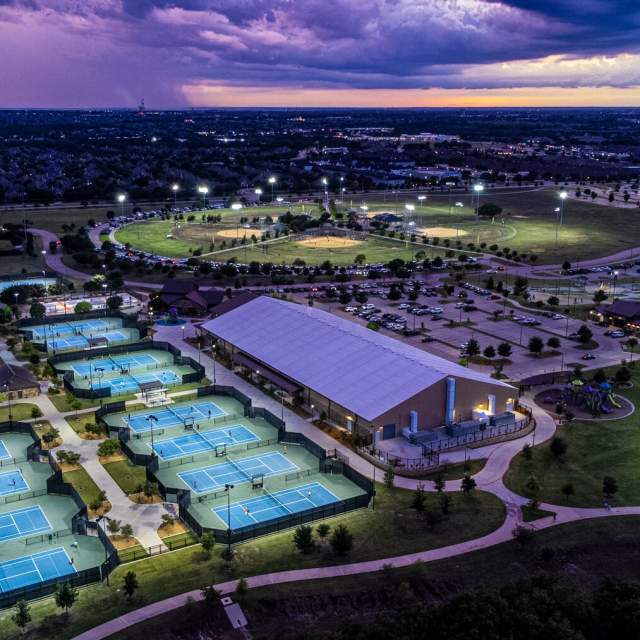 Gabe Nesbitt Community Park - at night - tennis courts, baseball and soccer fields and skate park
