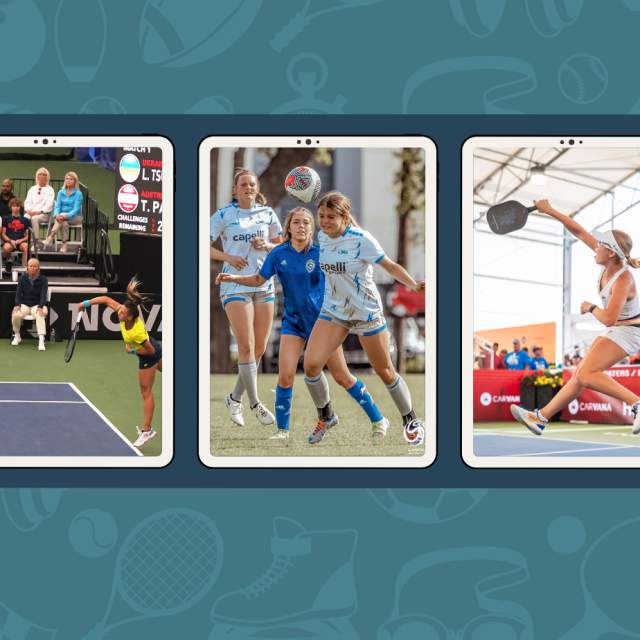 tennis, football, boxing, pickleball and soccer photos in a film strip frame