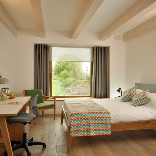 A double bedroom at Cowan Court, Churchill College, Cambridge