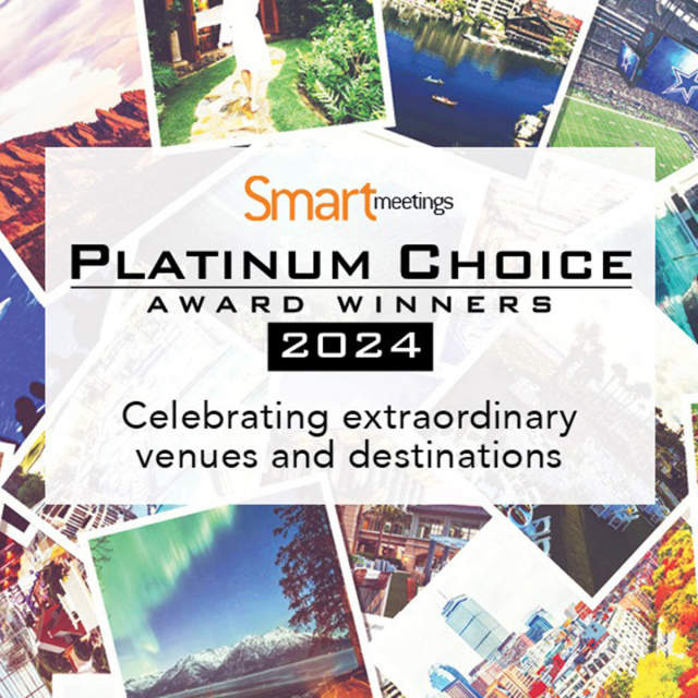 Smart Meetings Platinum Choice Award Winners 2024 graphic featuring a central white panel with the text ‘Platinum Choice Award Winners 2024’ and ‘Celebrating extraordinary venues and destinations,’ surrounded by a collage of colorful travel and destination photographs.