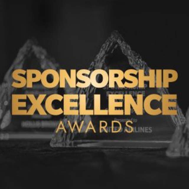 Sponsorship Excellence Awards graphic with bold gold text reading “Sponsorship Excellence Awards” set against a dark background featuring glass-like award trophies.
