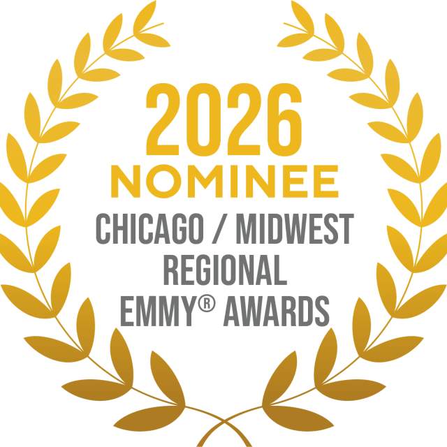 2026 Emmy Awards nominee badge for Chicago/Midwest Regional Emmy Awards, framed by gold laurel branches.