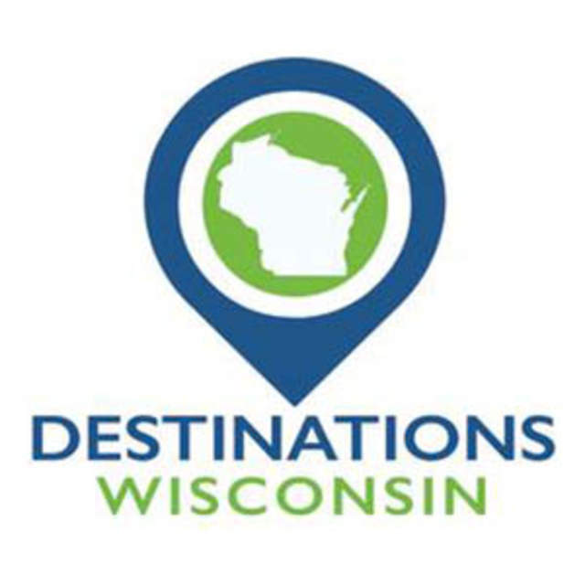 Destinations Wisconsin logo featuring a blue map pin icon with a green silhouette of the state of Wisconsin inside, and the text ‘Destinations Wisconsin’ below in blue and green.