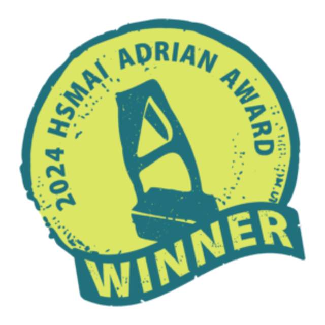 Circular 2024 Hsmai Adrian Award Winner badge in green and teal, featuring a stylized letter ‘A’ in the center and the word ‘WINNER’ across the bottom.