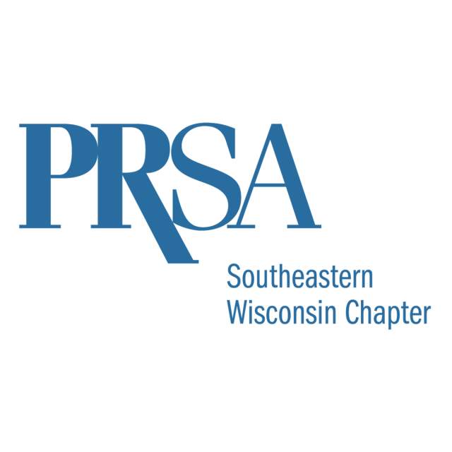 PRSA Southeastern Wisconsin Chapter logo featuring the blue letters ‘PRSA’ with smaller text reading ‘Southeastern Wisconsin Chapter’ on a black background.