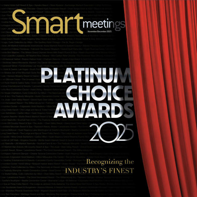 “Smart Meetings Platinum Choice Awards 2025 graphic with a black textured background, a red stage curtain pulled back on the right, and text reading ‘Platinum Choice Awards 2025’ and ‘Recognizing the industry’s finest,’ with the Smart Meetings logo at the top.