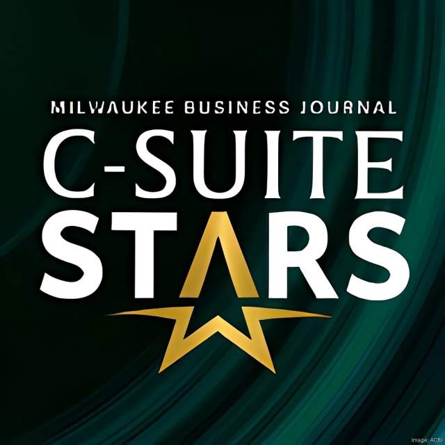 Milwaukee Business Journal C-Suite Stars graphic featuring white text reading ‘C-Suite Stars’ with a gold star integrated into the letter ‘A,’ set against a dark green abstract background, with ‘Milwaukee Business Journal’ at the top.