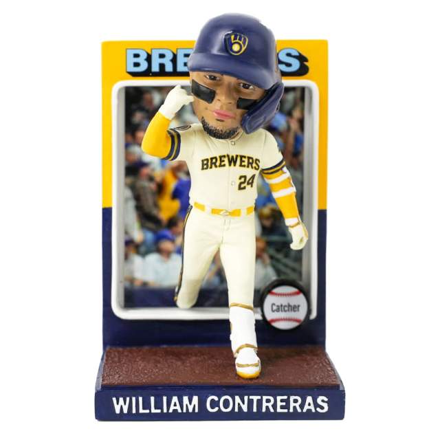 A bobblehead figurine of a Milwaukee Brewers player in a white uniform and navy helmet, posed running with one hand to his ear. The base reads “William Contreras,” and a small baseball graphic labeled “Catcher” appears beside him.