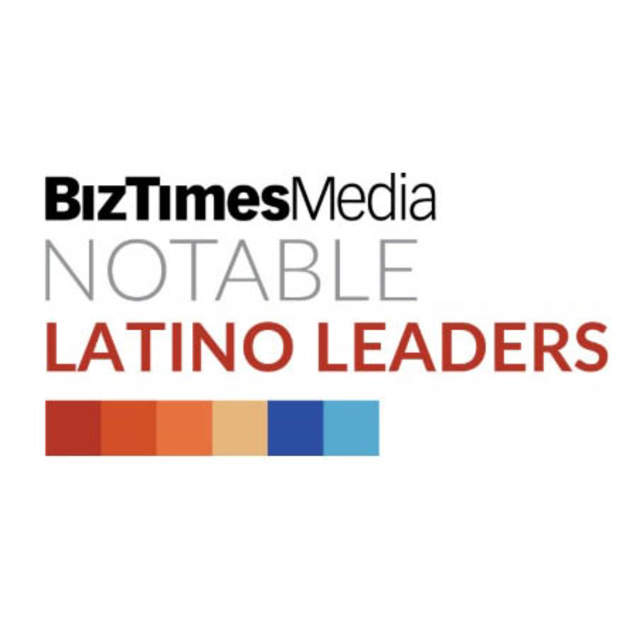 Logo for BizTimes Media’s “Notable Latino Leaders” recognition, featuring bold text and a row of multicolored blocks.
