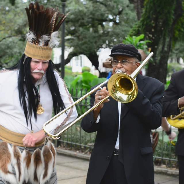 Joe Cain dressed as Chief Slac with the Excelsior Band in Mobile, AL