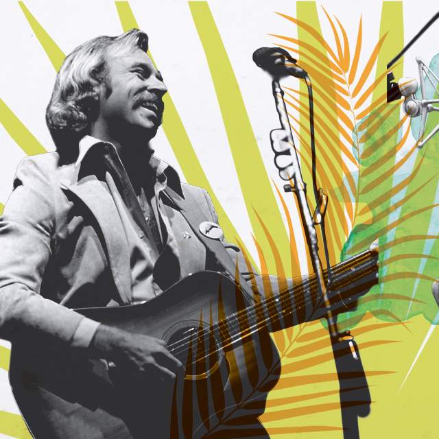 Black and white photos of Jimmy Buffett playing guitar and singing into a microphone on a background of multicolored tropical leaves. Also a parrot on a blue background.