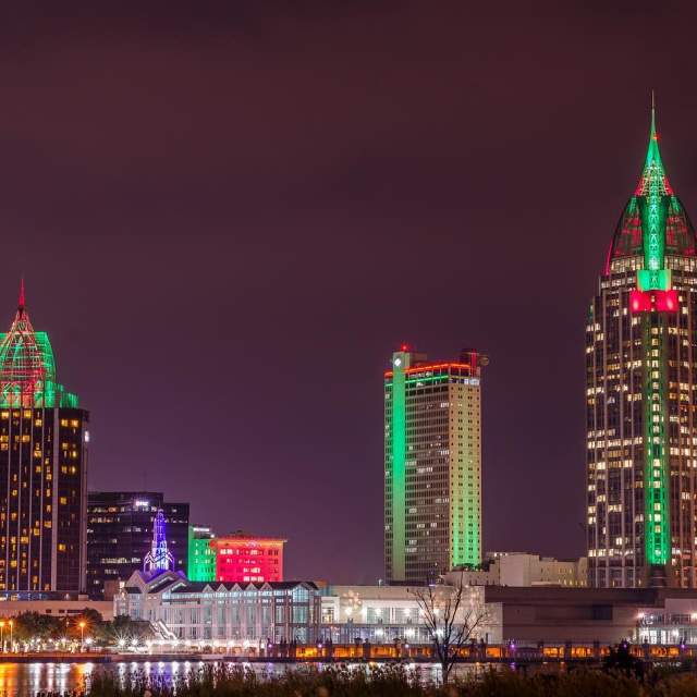The Mobile skyline lit up for Christmas
