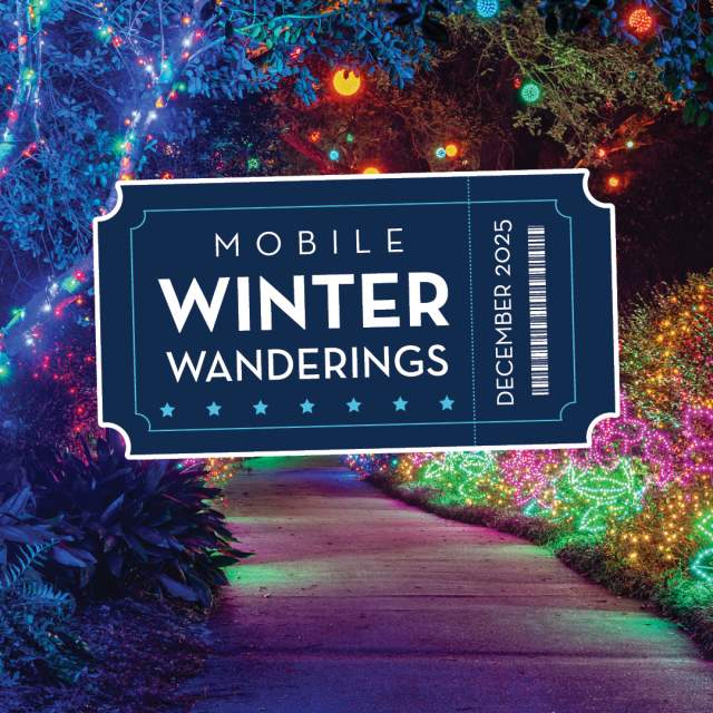 A walking path at night with trees and shrubs brightly lit with colorful lights, Mobile Winter Wanderings logo