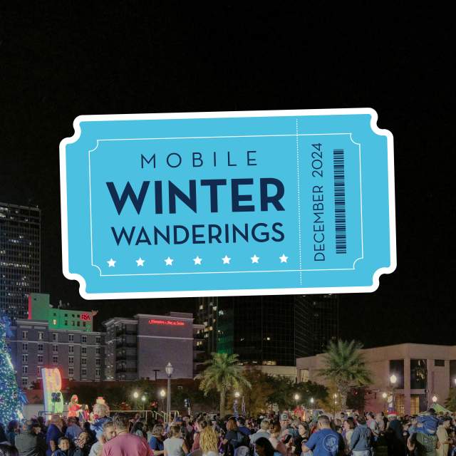 Mobile Winter Wanderings ticket stub graphic over a giant Christmas tree in blue and green lights with a tall building and green lights in the background