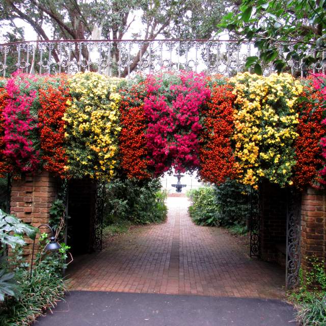 Mums hanging over the side of a bridge over a walkway