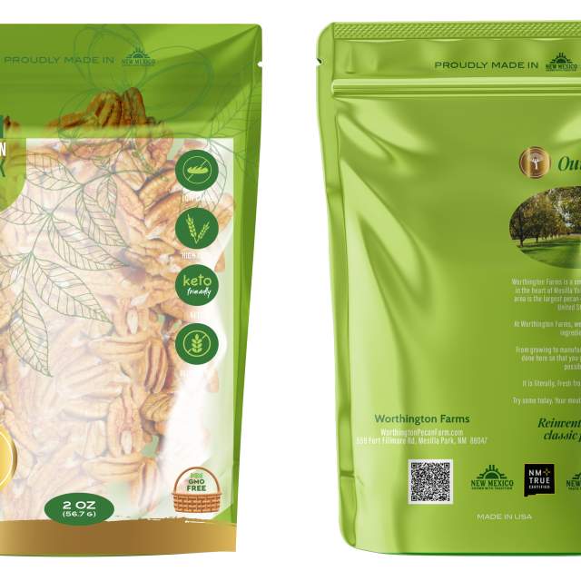 Front and back views of Worthington Farms High-Protein Snack packaging in green and gold, featuring images of leaves and crisps, with health-related symbols like "keto" and "gluten-free".