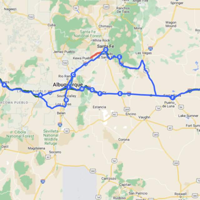 Map showing the route of Route 66 across New Mexico, passing through Albuquerque.