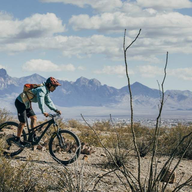 Person riding a mountain bike on a desert trail with rugged mountains in the background.
