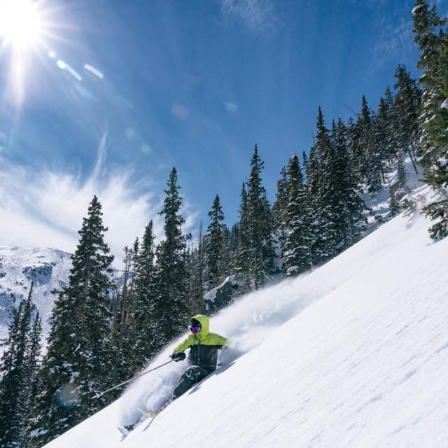A person skiing down a snowy slope with a backdrop of densely forested mountains under a clear blue sky.