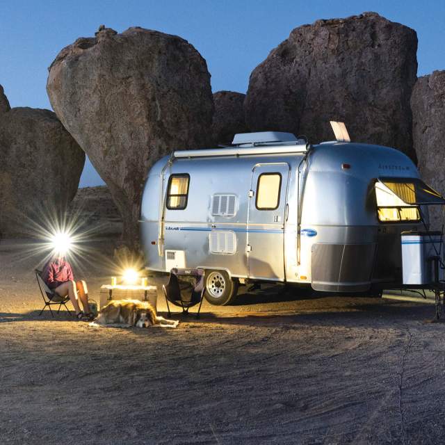 An Airstream trailer parked at City of Rocks State Park