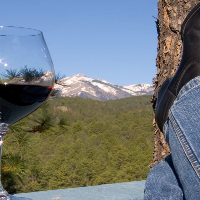 Relax with a view of the mountains and a glass of New Mexico Pinot Noir
