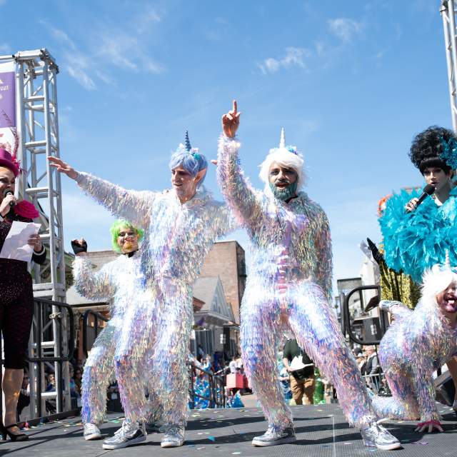 Revelers in costume on Mardi Gras Day for the Bourbon Street Awards