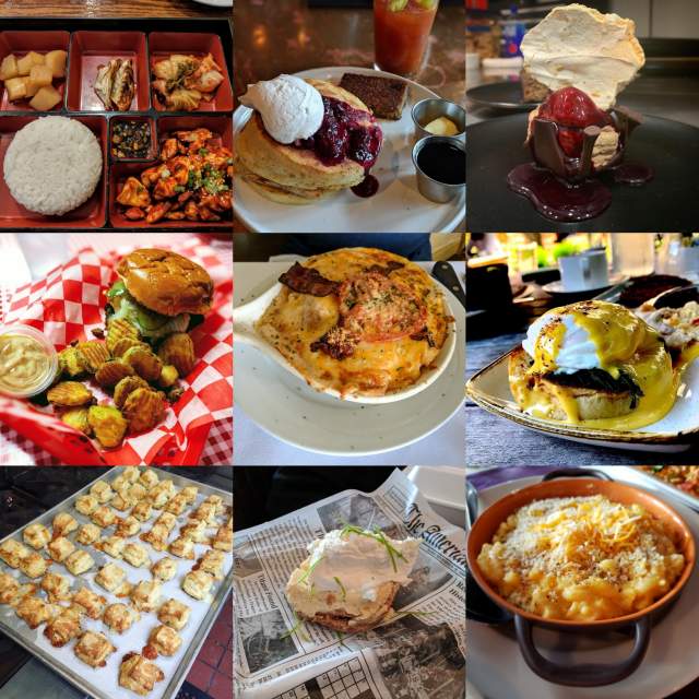 A collage of biscuits, mac and cheese, lime pie, korean food, a burger, a hot brown, eggs benedict made with goetta, and lemon blueberry pancakes from restaurants in Covington, Newport and Florence Kentucky