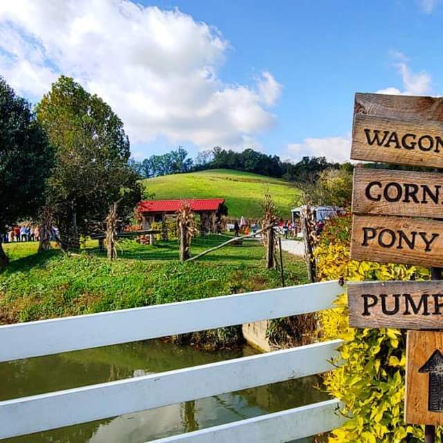 sign reading wagon rides corn maze pony rides pumpkins at neltner farm in cambell county kentucky