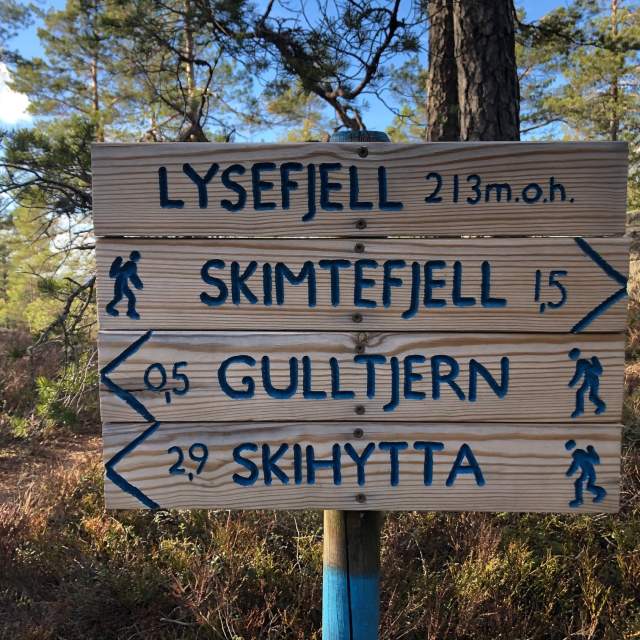 Ett skilt med fire skilt i blåfarge med vandre tegn og km