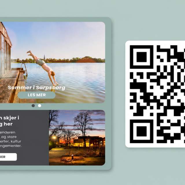 Et skjermbilde av innhold i Opplev Sarpsborg + en QR-kode for nedlastning.
