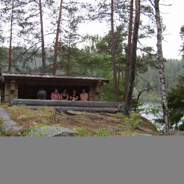 4 jenter i en gapahuk en gråværsdag