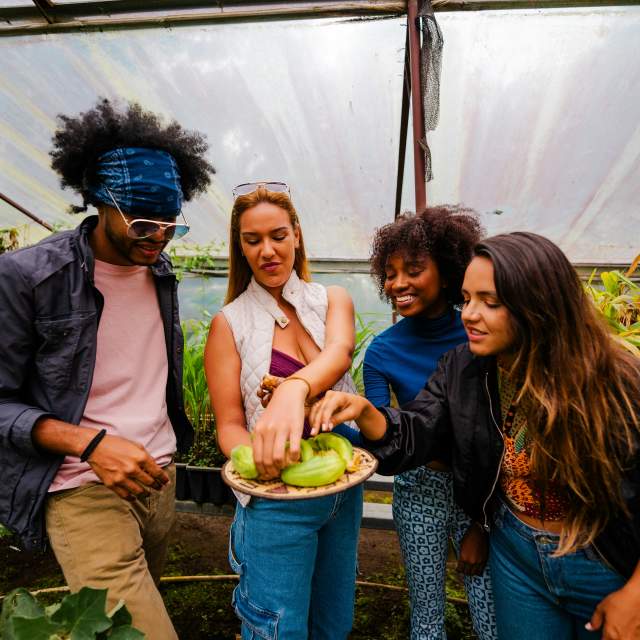 Friends tasting freshly harvested vegetables in Hacienda Mamecillo, Boquete, Chiriqui Province, Panamá