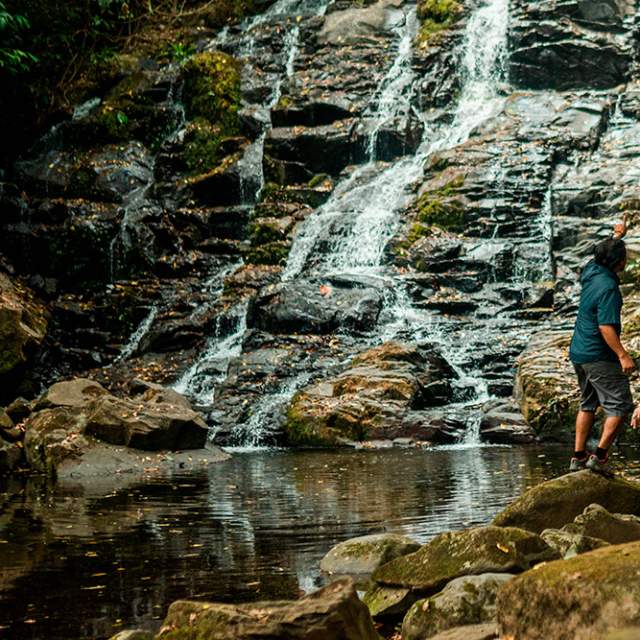 Grupo de excursionistas caminando por un sendero rocoso junto a una cascada en la selva tropical de Panamá