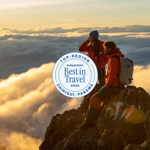 Chiriquí awarded as Top Region in Lonely Planet's Best in Travel 2025. Couple at the Top of Barú Volcano, cloud view