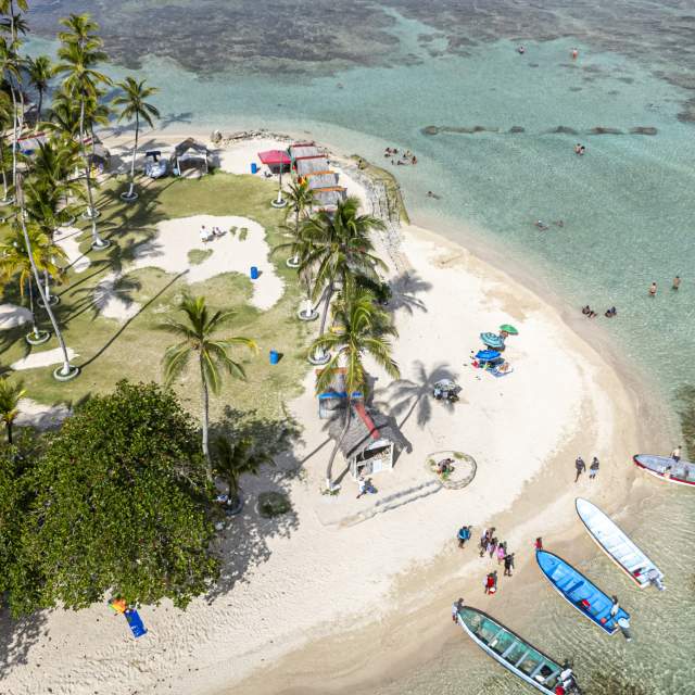 An aerial view showcases a tropical island paradise. Lush green palm trees densely cover the left side of the frame, contrasting with the bright white sandy beach that curves along the coastline. The clear, shallow turquoise water reveals coral reefs and rocky formations beneath the surface, transitioning to a deeper blue further out. Several boats of different sizes and colors are docked along the sandy shore