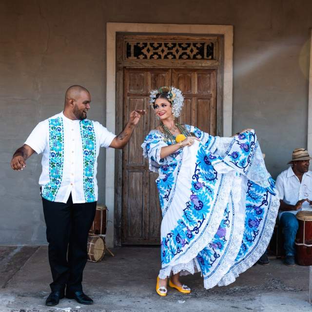 People wearing a traditional panamanian costumes: Pollera de Gala in Pedasi, Los Santos Province