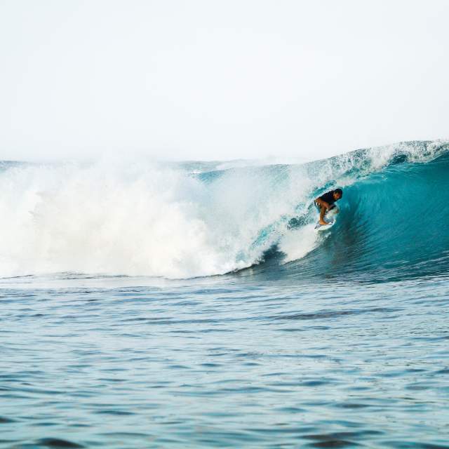 Surfer riding a wave at one of the Caribbean beaches in Bocas del Toro, Panamá