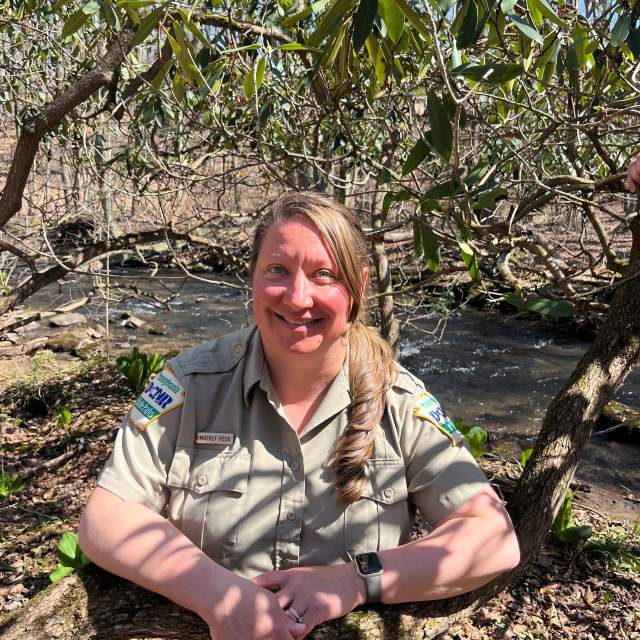 A woman leaning on a tree branch in the woods