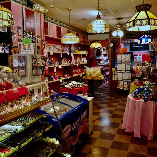 Inside a store with candy, treats and other items to purchase
