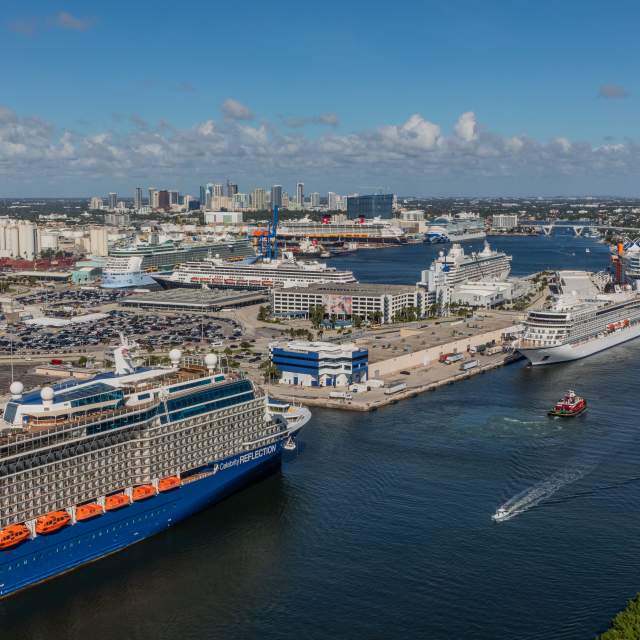 Eight cruise ships sit in port at Port Everglades on a busy cruise day in 2024.