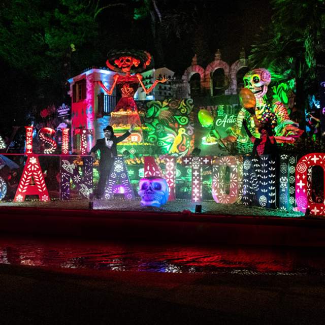River barge decorated with Dia de los Muertos decor