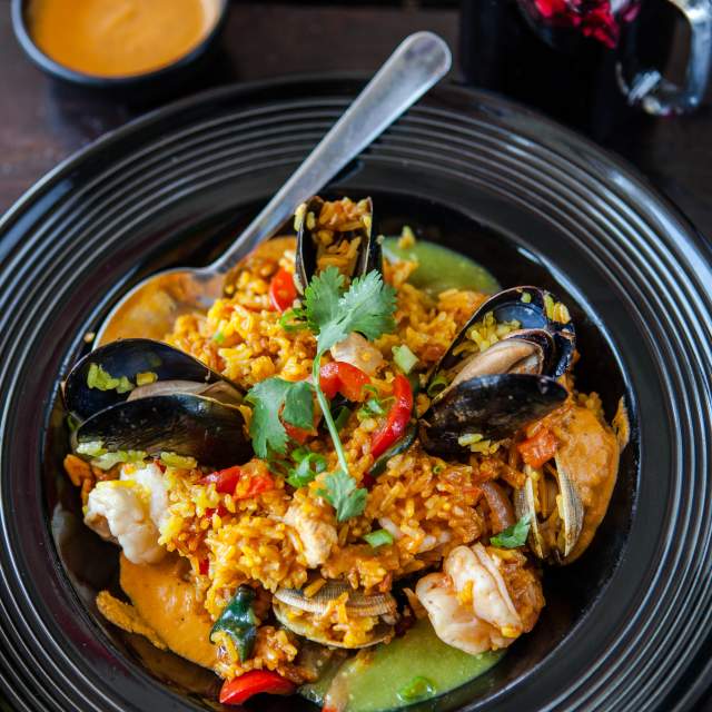 Arroz con Mariscos dish at La Viiga Seafood Restaurant in Redwood City, California