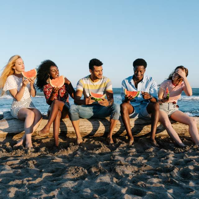Group of friends sitting on a log with the ocean behind them