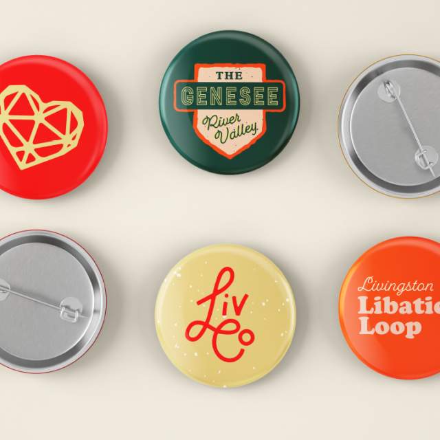 A group of buttons designed and branded for Visit LIVCO