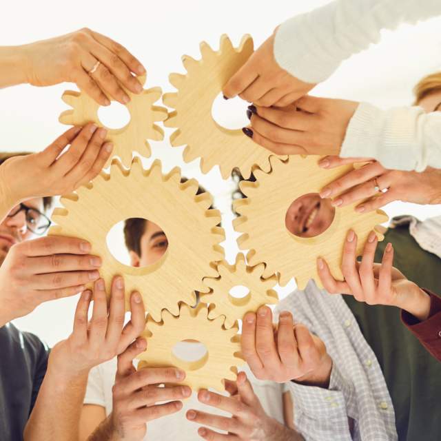 A group of people hold different gears