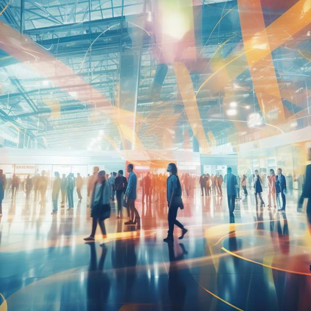A crowd of people walk the floor of a convention center in business attire