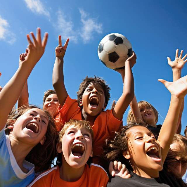 A group of kids in different colored soccer jerseys celebrate with each other while holding up a soccer ball
